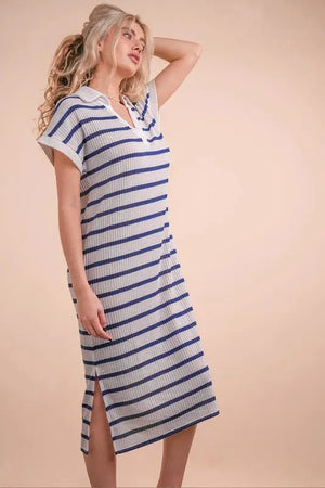 Coastal Striped Knit Beach Midi Dress in White & Navy women outfit ideas