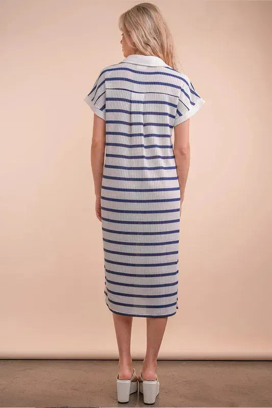 Coastal Striped Knit Beach Midi Dress in White & Navy women outfit ideas
