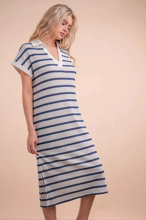 Coastal Striped Knit Beach Midi Dress in White & Navy women outfit ideas