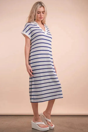 Coastal Striped Knit Beach Midi Dress in White & Navy women outfit ideas