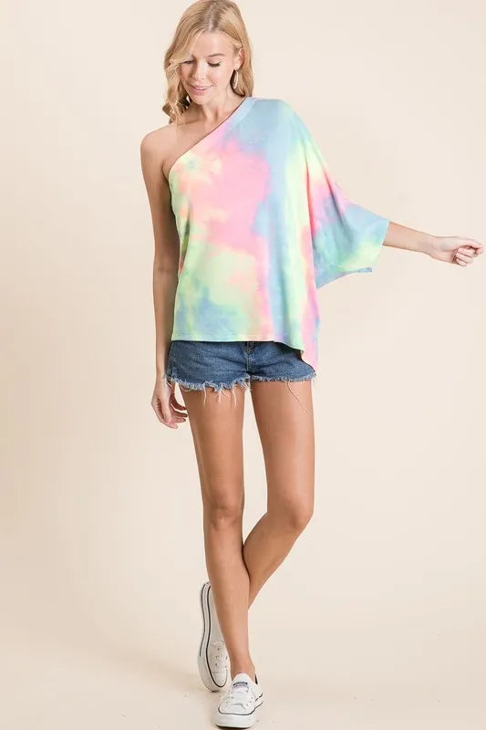 Coastal Tie Dye One-Shoulder French Terry Beach Top