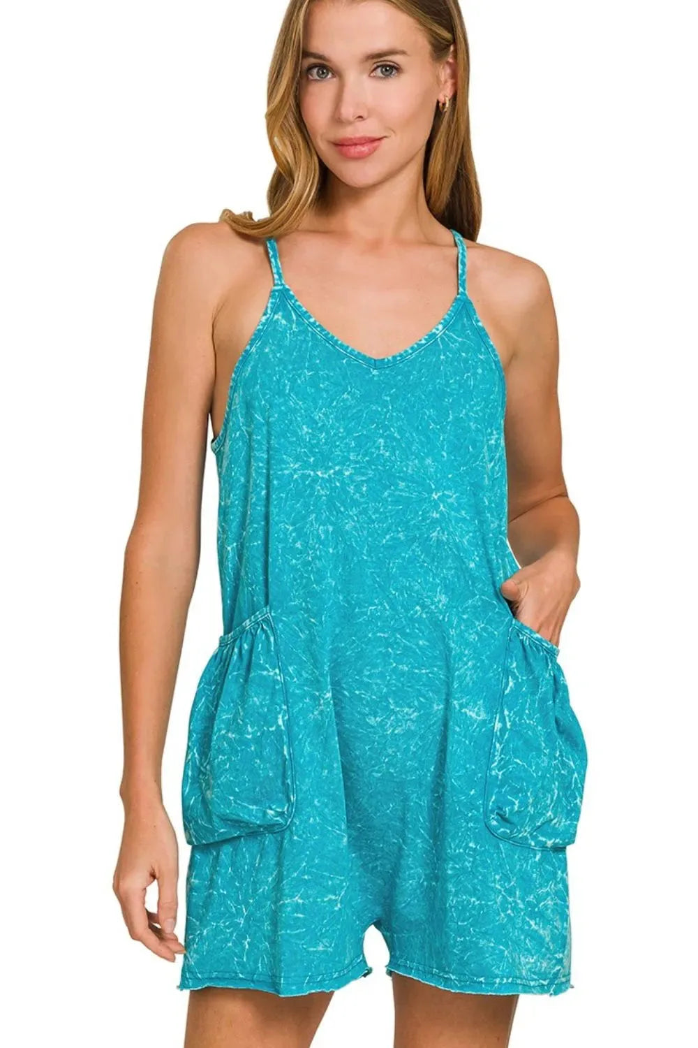 Crinkle Cotton Beach Romper in Light Teal women outfit ideas