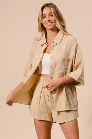 Crinkle Gauze Beach Shirt & Short Set in Oatmeal women outfit ideas