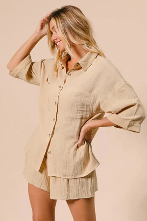 Crinkle Gauze Beach Shirt & Short Set in Oatmeal women outfit ideas
