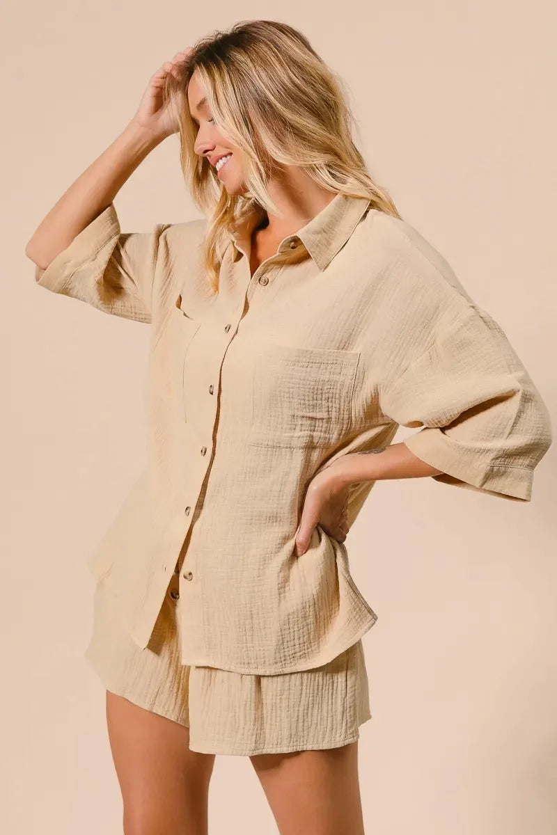 Crinkle Gauze Beach Shirt & Short Set in Oatmeal women outfit ideas