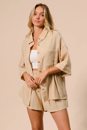 Crinkle Gauze Beach Shirt & Short Set in Oatmeal women outfit ideas