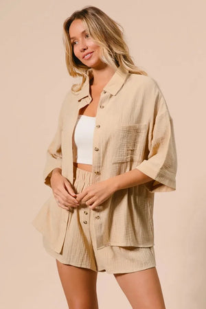 Crinkle Gauze Beach Shirt & Short Set in Oatmeal women outfit ideas