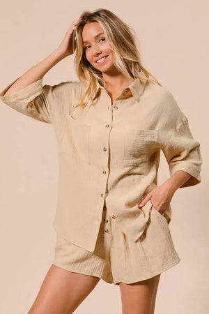 Crinkle Gauze Beach Shirt & Short Set in Oatmeal women outfit ideas