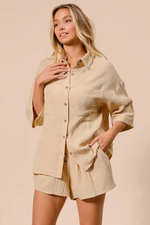 Crinkle Gauze Beach Shirt & Short Set in Oatmeal women outfit ideas