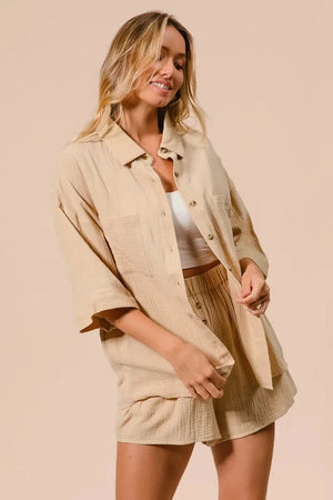 Crinkle Gauze Beach Shirt & Short Set in Oatmeal women outfit ideas