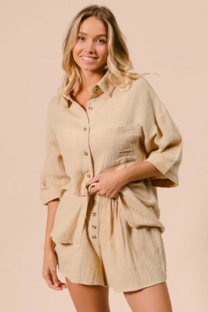 Crinkle Gauze Beach Shirt & Short Set in Oatmeal women outfit ideas