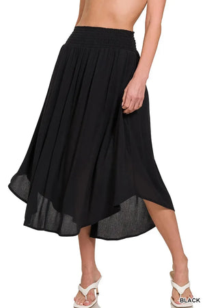 Crinkle Rayon Smocked Beach Maxi Skirt in Black women outfit ideas