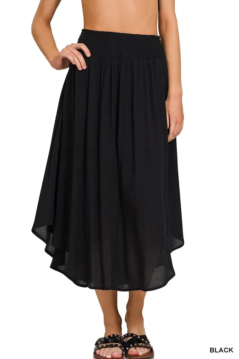 Crinkle Rayon Smocked Beach Maxi Skirt in Black women outfit ideas