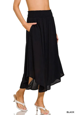 Crinkle Rayon Smocked Beach Maxi Skirt in Black women outfit ideas