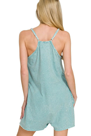 Crinkle Washed Cotton Beach Romper in Dusty Teal women outfit ideas