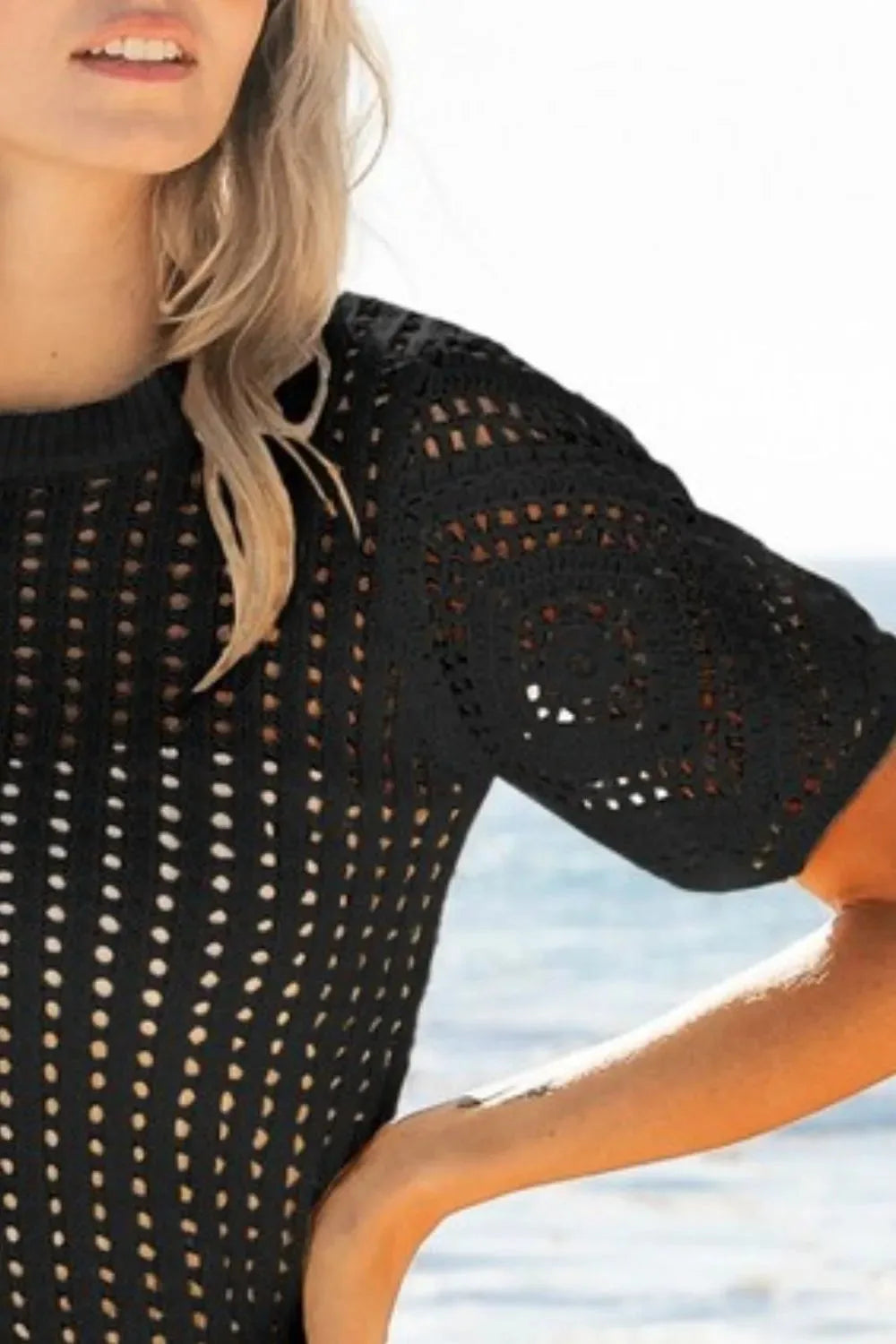 Crochet Lace Puff Sleeve Beach Top in Black women outfit ideas