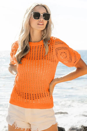 Crochet Puff Sleeve Beach Cover-Up in Sunset Orange women outfit ideas