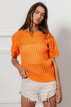 Crochet Puff Sleeve Beach Cover-Up in Sunset Orange women outfit ideas