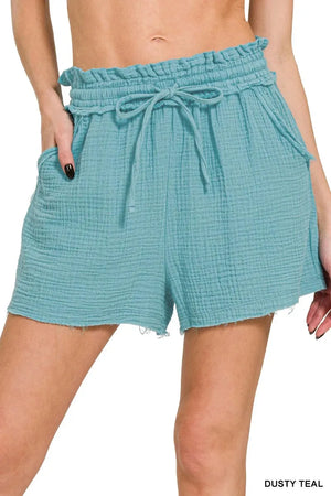 Double Gauze Drawstring Beach Shorts in Dusty Teal women outfit ideas
