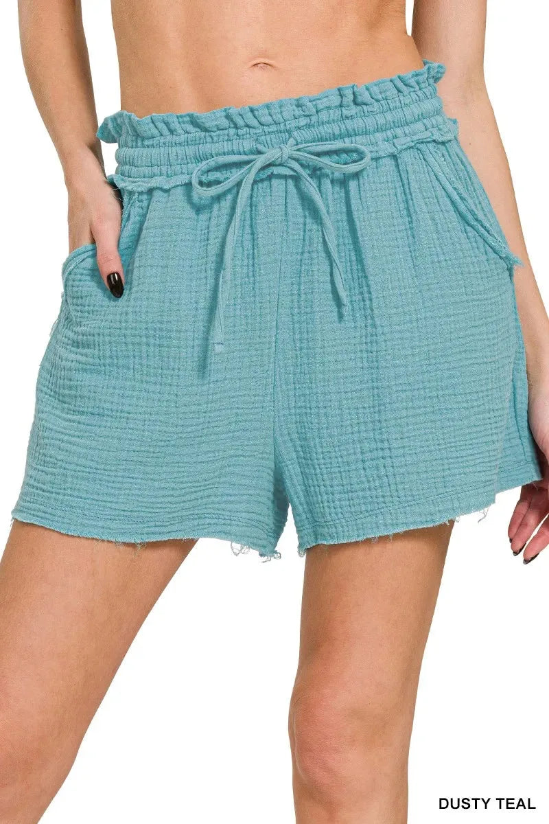 Double Gauze Drawstring Beach Shorts in Dusty Teal women outfit ideas