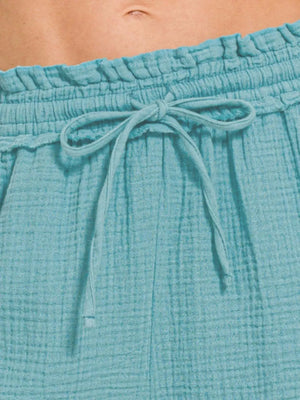 Double Gauze Drawstring Beach Shorts in Dusty Teal women outfit ideas
