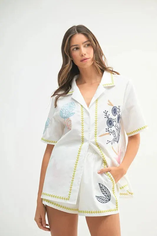 Embroidered Linen-Blend Beach Shirt & Shorts Set women outfit ideas