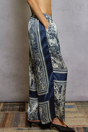 Floral Wide Leg Drawstring Beach Pants in Ivory and Navy women outfit ideas