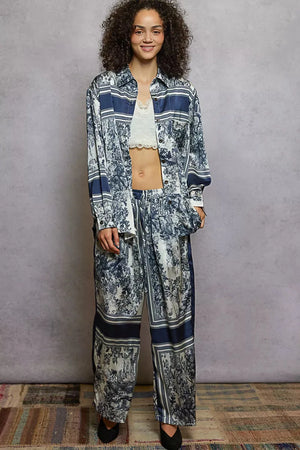 Floral Wide Leg Drawstring Beach Pants in Ivory and Navy women outfit ideas