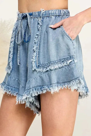 Frayed TENCEL Drawstring Beach Shorts in Light Denim women outfit ideas