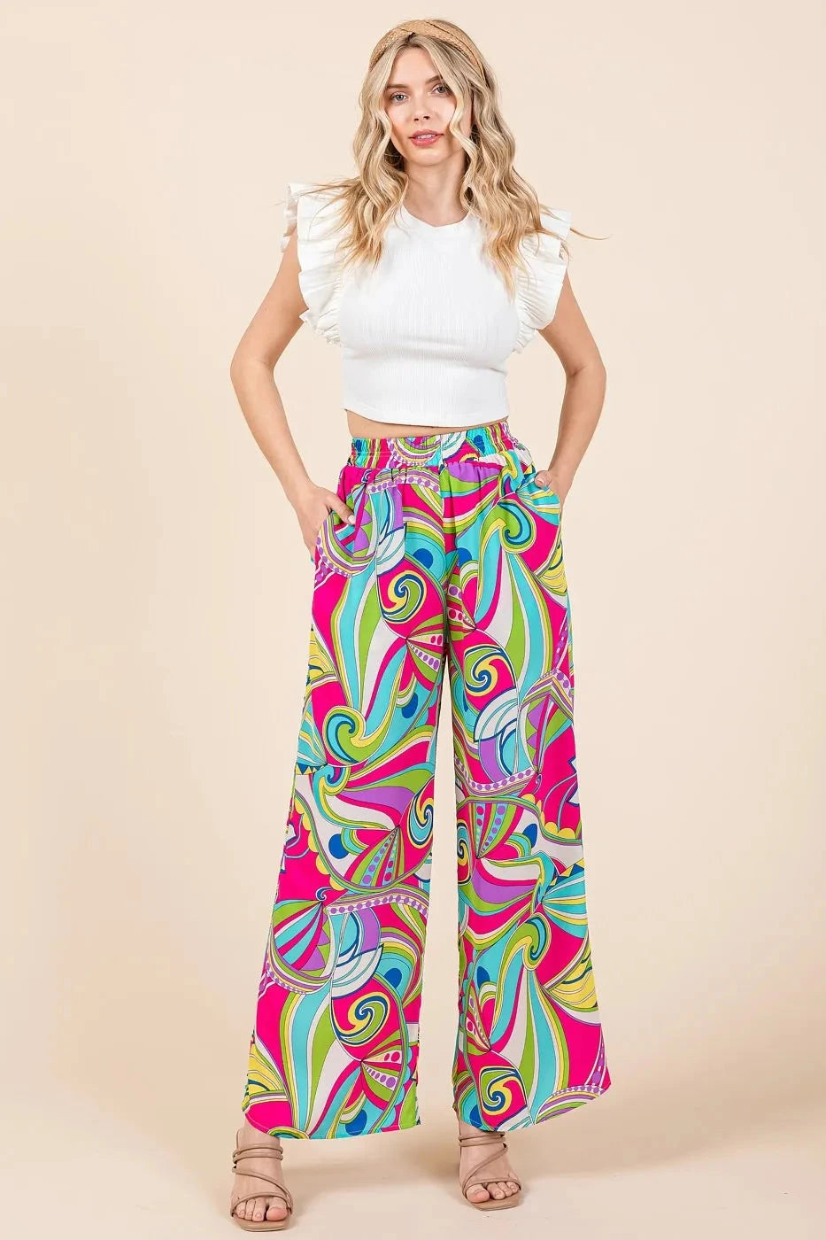 Fuchsia Abstract Print Wide Leg Beach Pants women outfit ideas