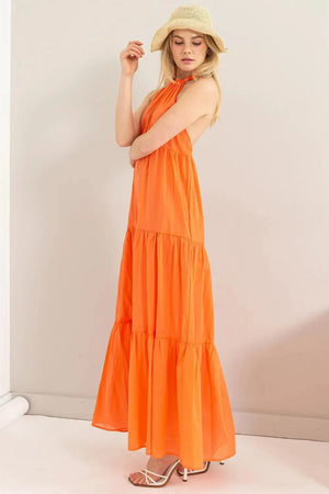 Halter Neck Tiered Beach Maxi Dress in Sunset Orange women outfit ideas