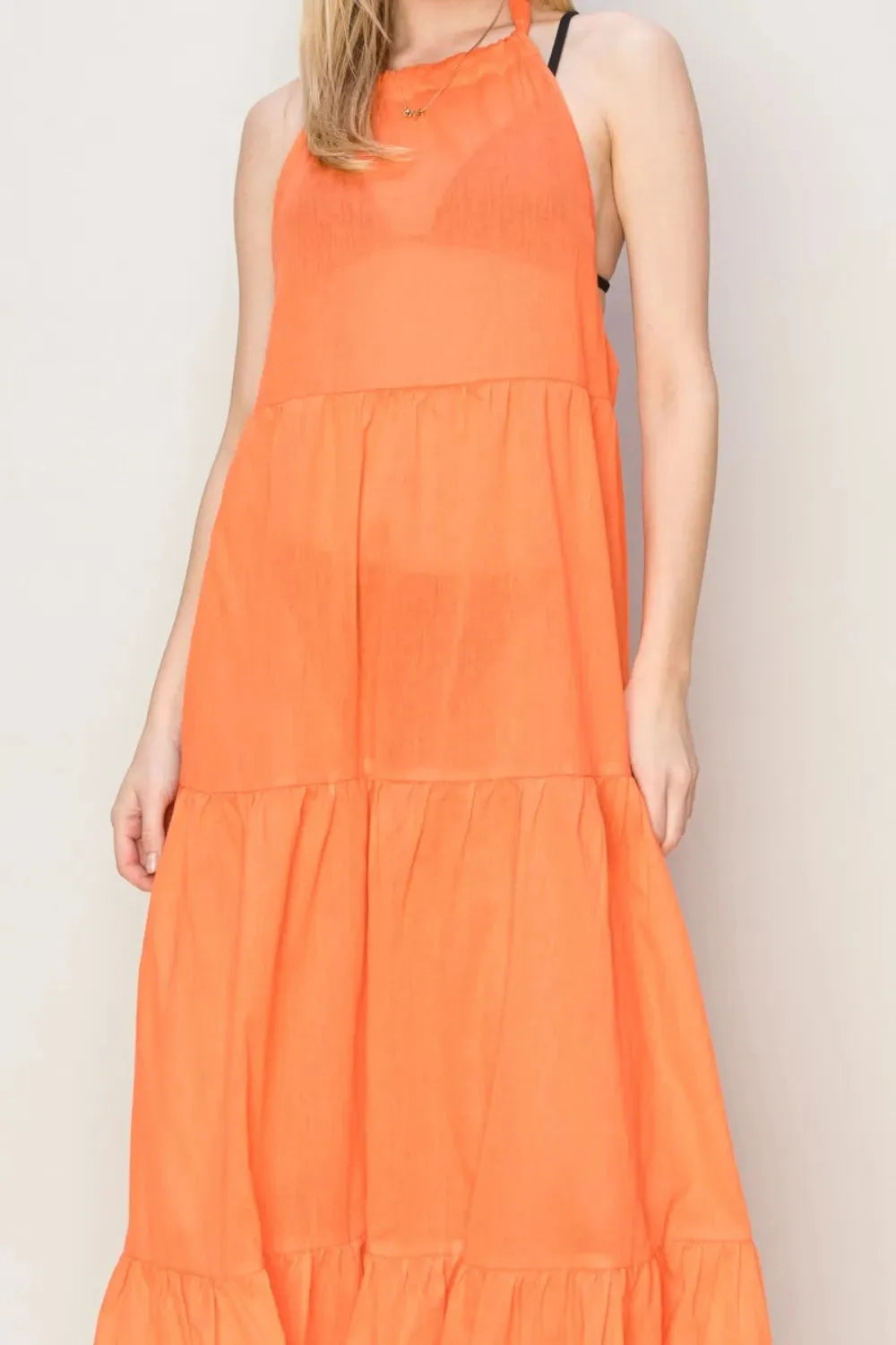 Halter Neck Tiered Beach Maxi Dress in Sunset Orange women outfit ideas