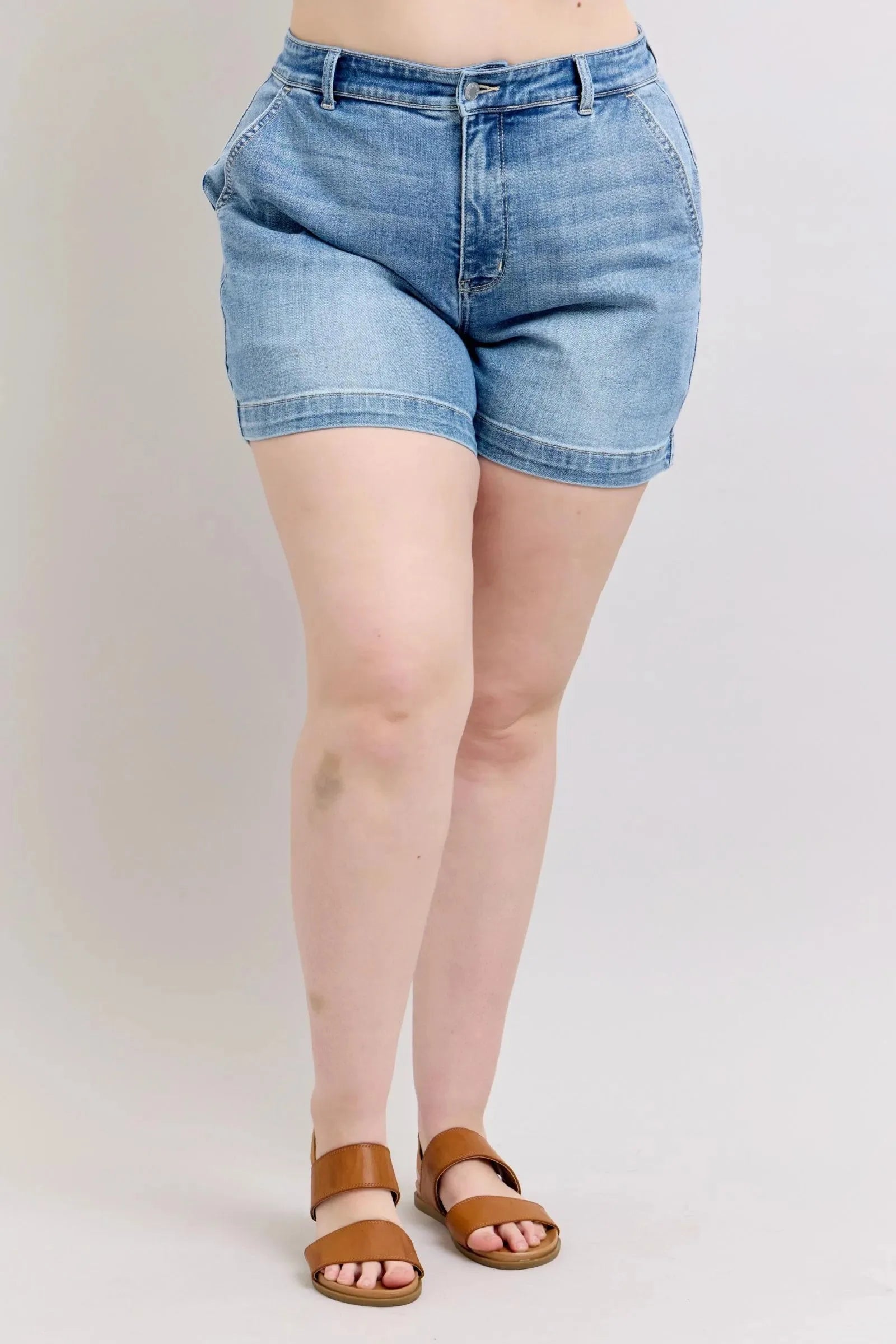 High Rise Denim Beach Shorts in Medium Wash women outfit ideas