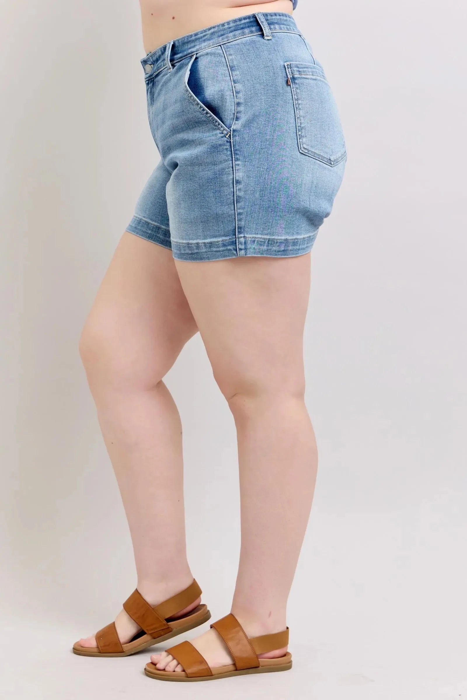 High Rise Denim Beach Shorts in Medium Wash women outfit ideas