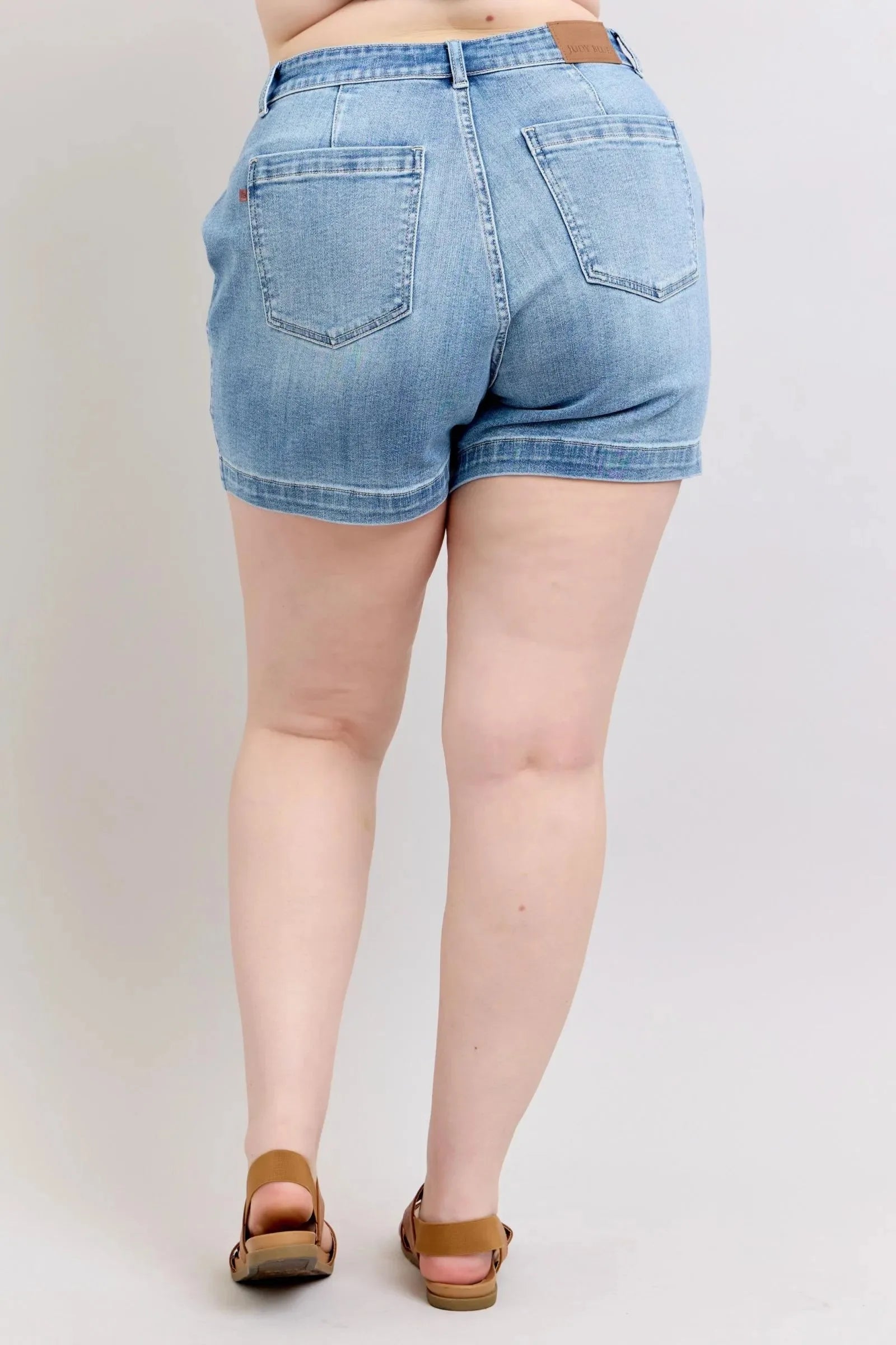 High Rise Denim Beach Shorts in Medium Wash women outfit ideas