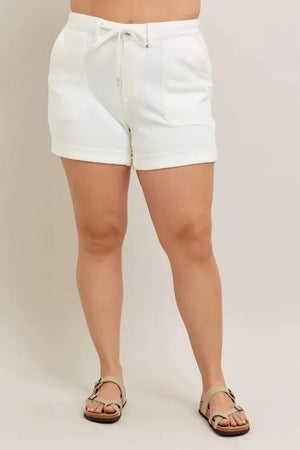High-Waist Cuffed Denim Beach Shorts in White women outfit ideas