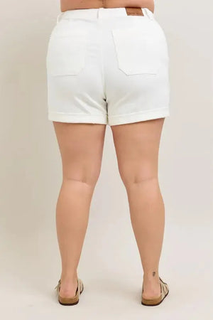 High-Waist Cuffed Denim Beach Shorts in White women outfit ideas