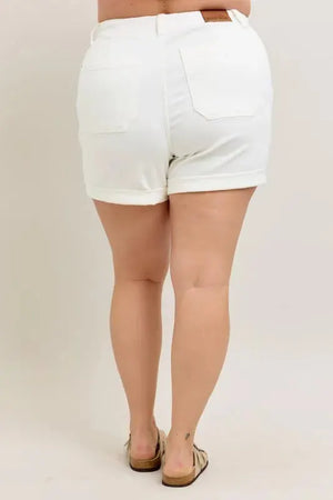 High-Waist Cuffed Denim Beach Shorts in White women outfit ideas