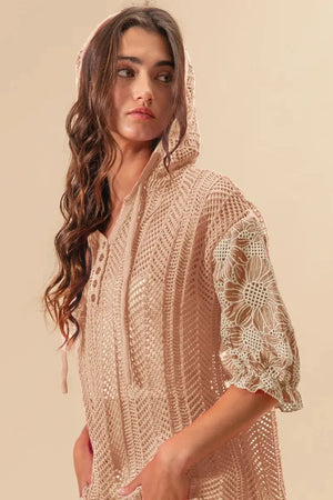 Jacquard Floral Puff Sleeve Beach Hoodie women outfit ideas