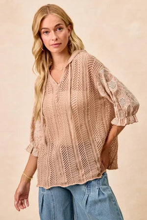 Jacquard Floral Puff Sleeve Beach Hoodie women outfit ideas