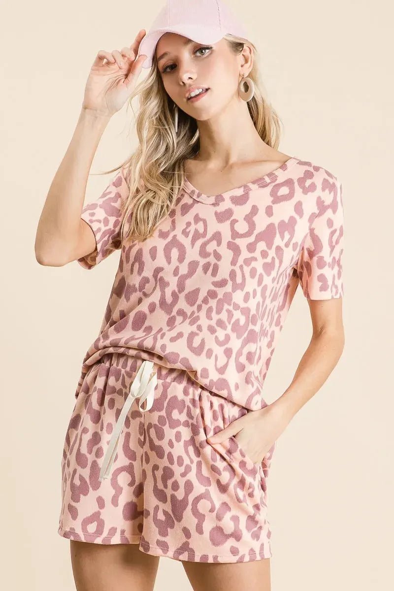 Leopard Print Drawstring Beach Shorts in Mauve women outfit ideas