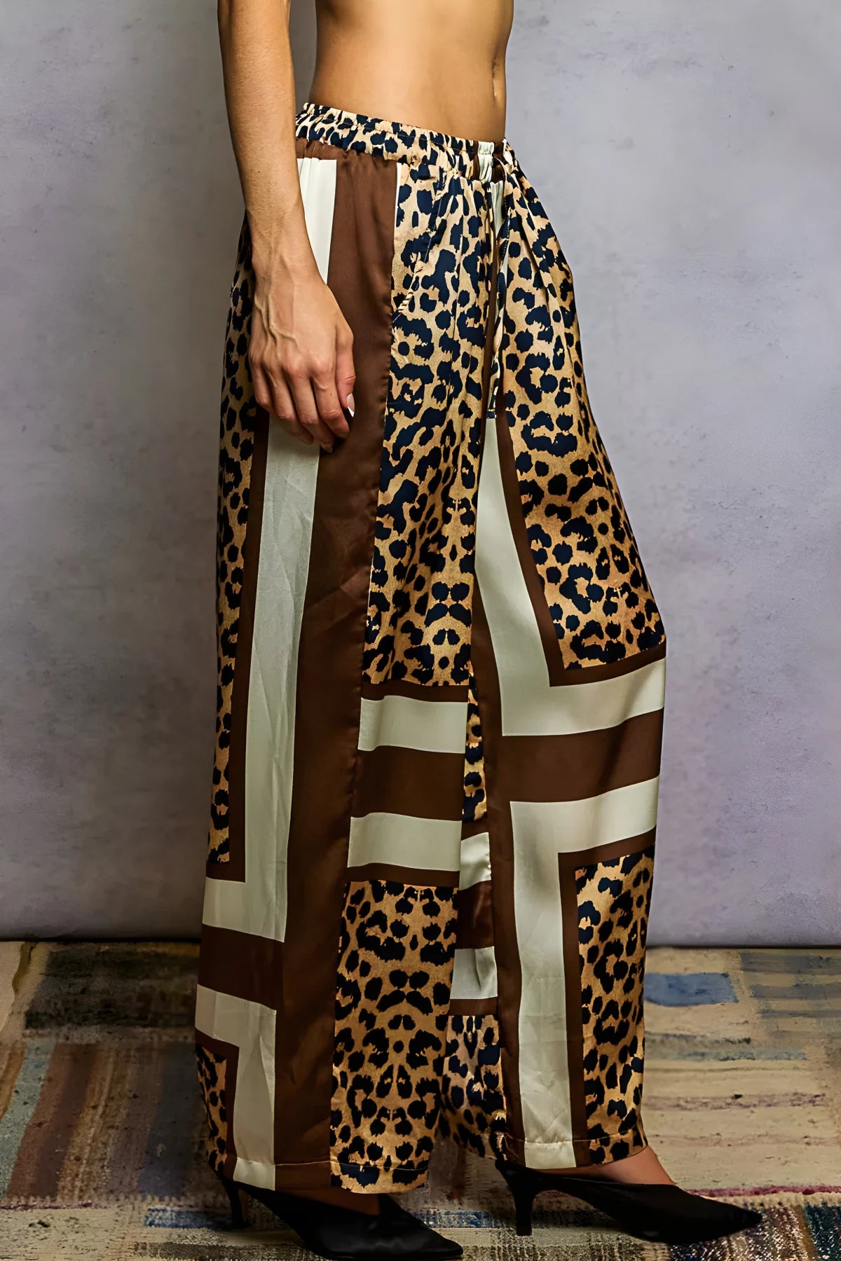 Leopard Print Wide Leg Beach Pants in Sand & Indigo