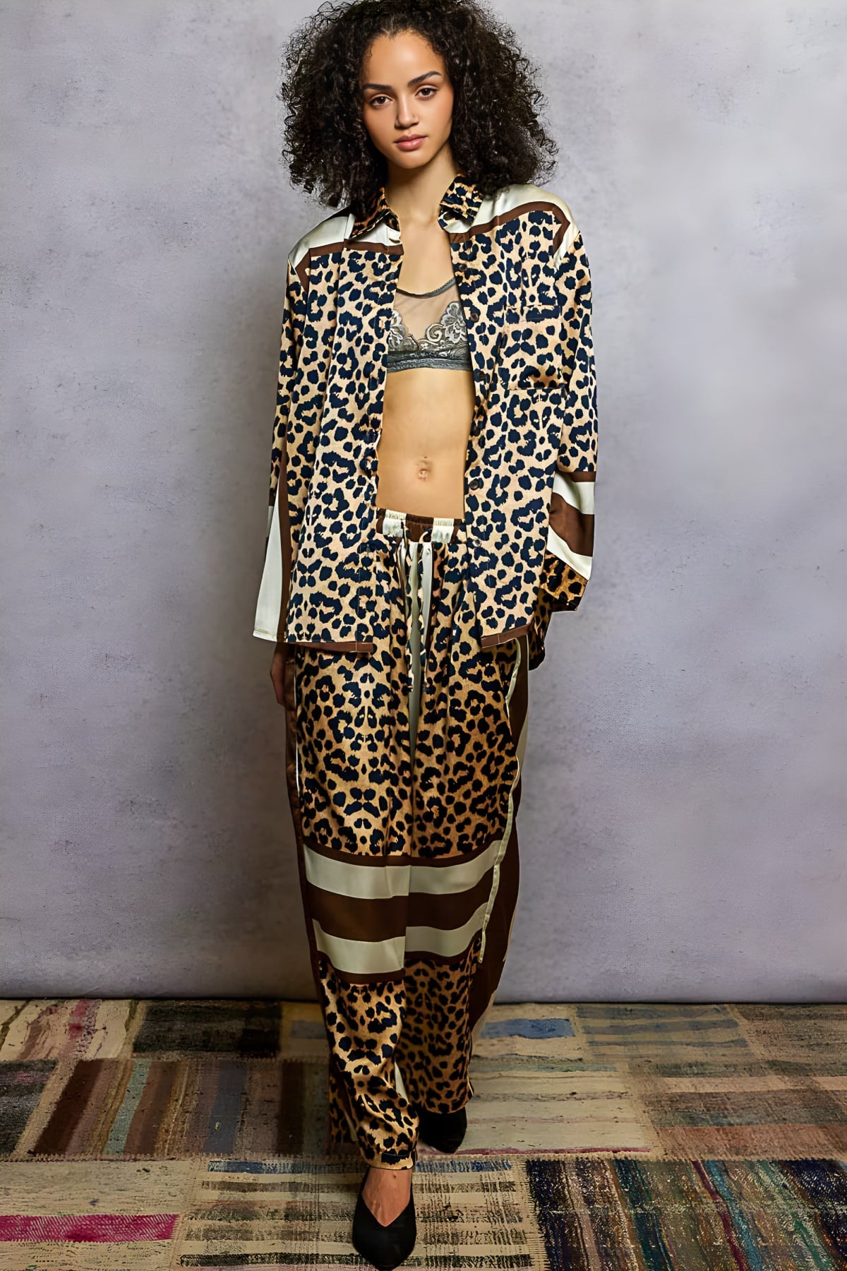 Leopard Print Wide Leg Beach Pants in Sand & Indigo