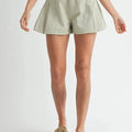 Mabel High-Waist Pleated Beach Shorts in Soft Sage women outfit ideas