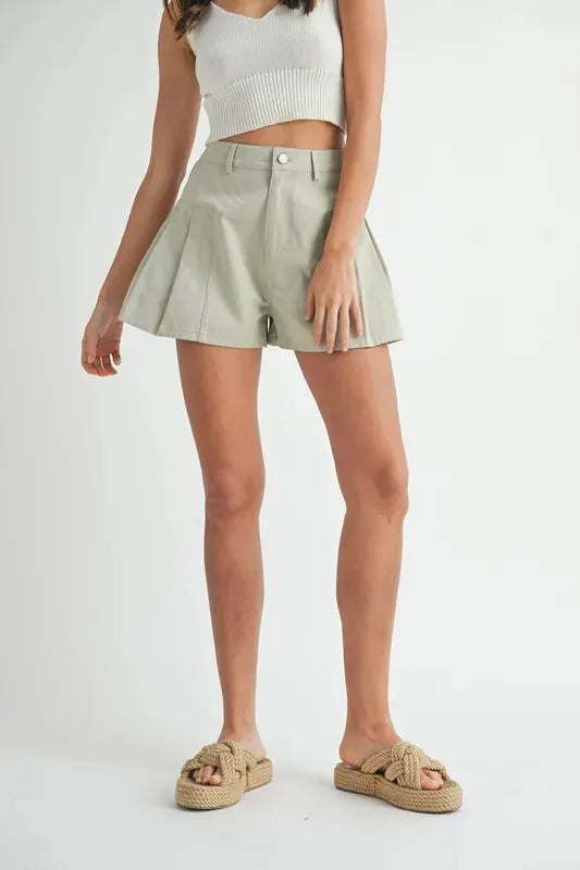 Mabel High-Waist Pleated Beach Shorts in Soft Sage women outfit ideas