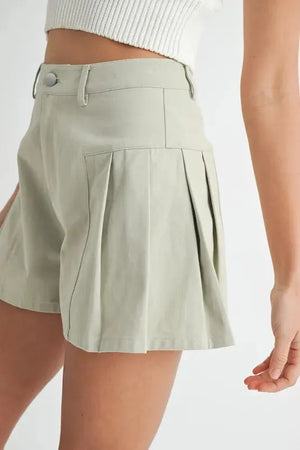 Mabel High-Waist Pleated Beach Shorts in Soft Sage women outfit ideas