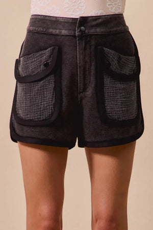 Mineral Wash Terry Cargo Beach Shorts in Charcoal Black women outfit ideas