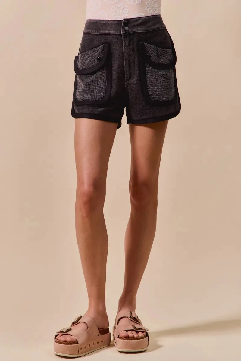 Mineral Wash Terry Cargo Beach Shorts in Charcoal Black women outfit ideas