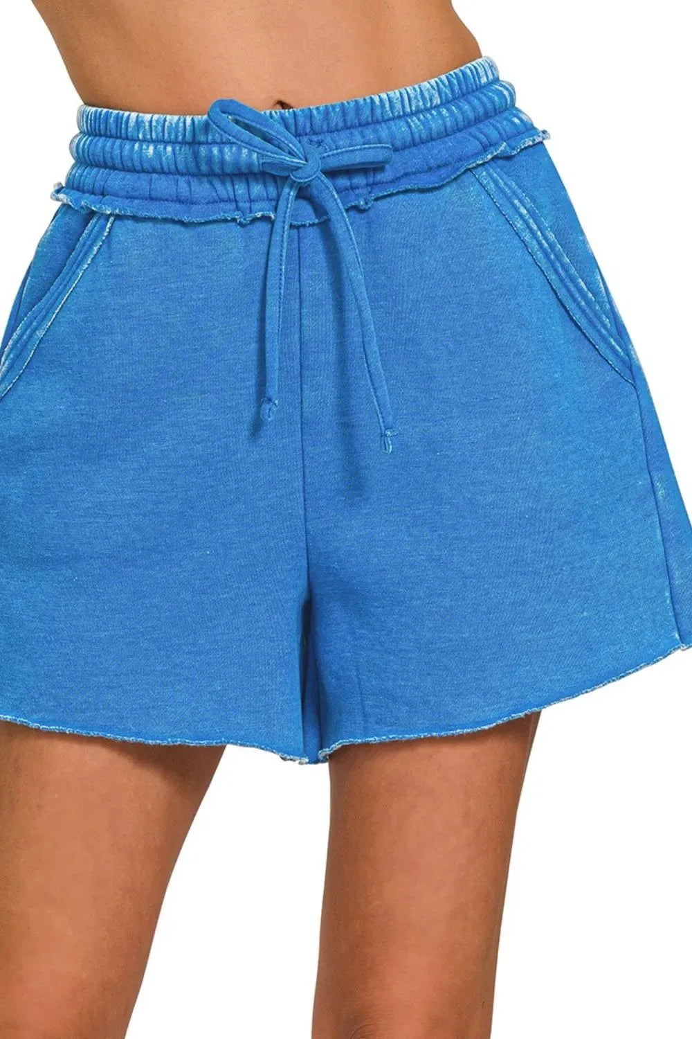 Ocean Blue Acid Wash Fleece Beach Shorts women outfit ideas