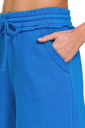 Ocean Blue Fleece Beach Shorts with Raw Hem women outfit ideas